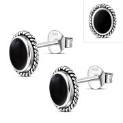 Large Oval Black Onyx Stud Silver Earrings, e336